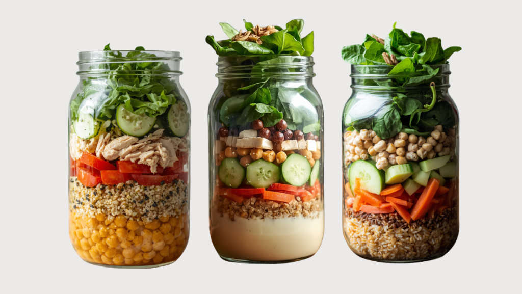 descarga la receta y la lista de la compra para preparar 5 ensaladas en tarro de cristal