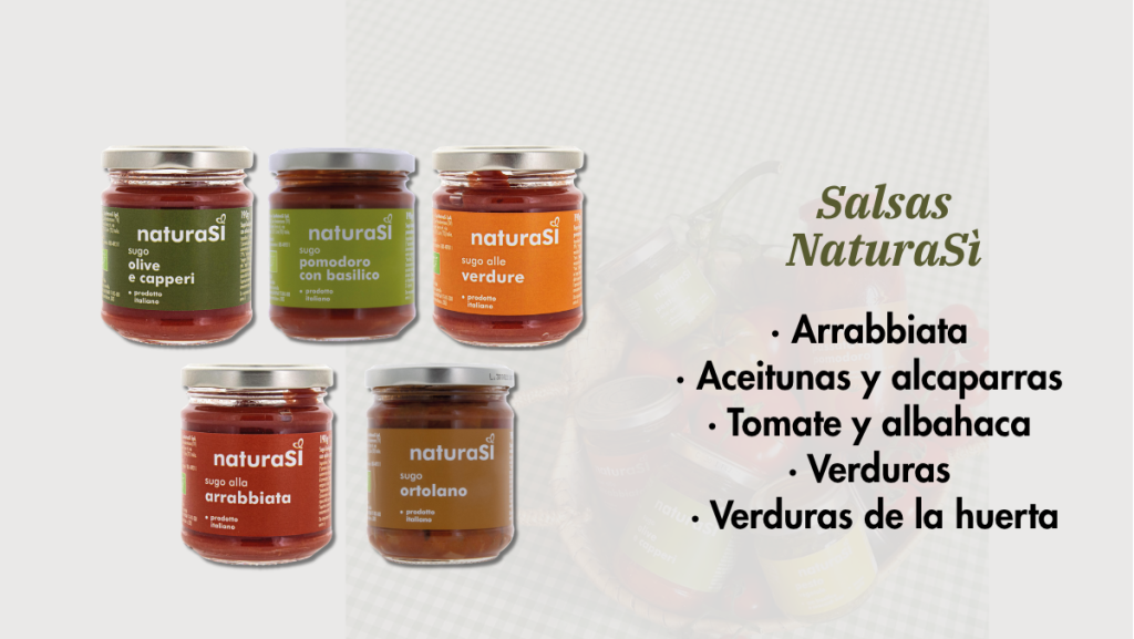 Salsas NaturaSì elaboradas con tomates y verduras cultivados en fincas del ecosistema NaturaSì.